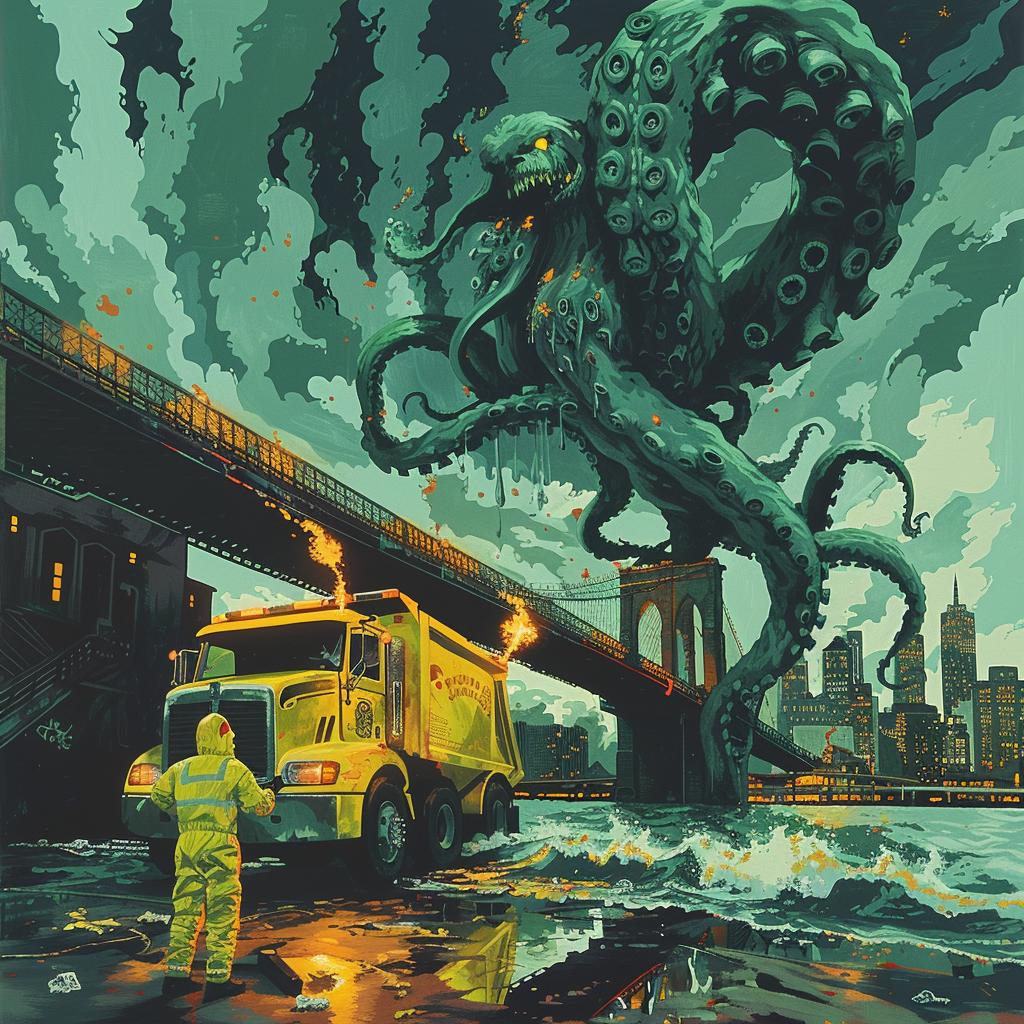 hazmat  flamethrower  chaos  octopus  truck  Brooklyn  bridge  surreal  noir  fantasy 1018194