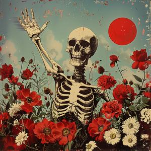 skeleton  flowers  field  red  sun  chromolithography  nature  macabre  vibrant  contrast 1055989