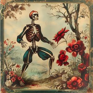 skeleton  red  hat  roses  chromolithography  floral  whimsical  vintage  symbolic  graphic 1050752