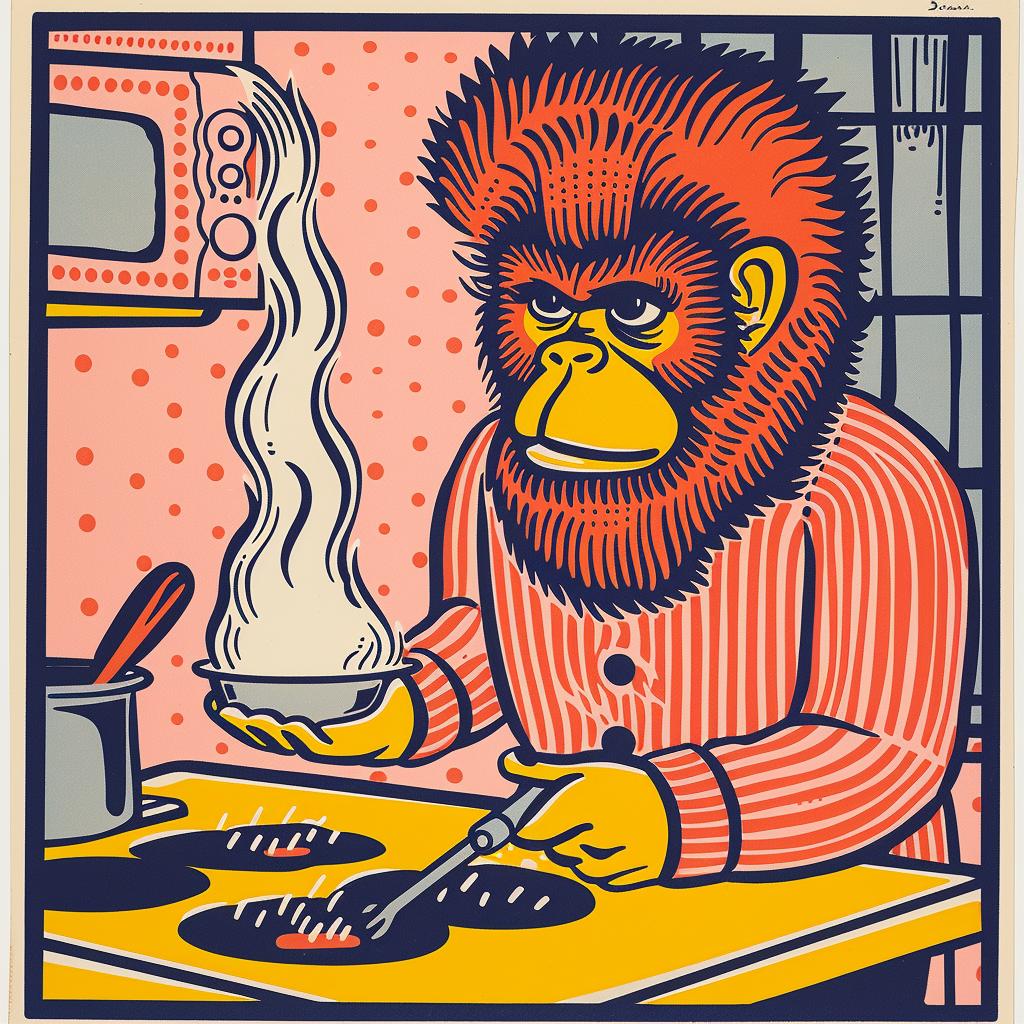 gorilla  kitchen  cooking  poster  humorous  illustration  whimsical  fantasy  culinary  monkey 962703