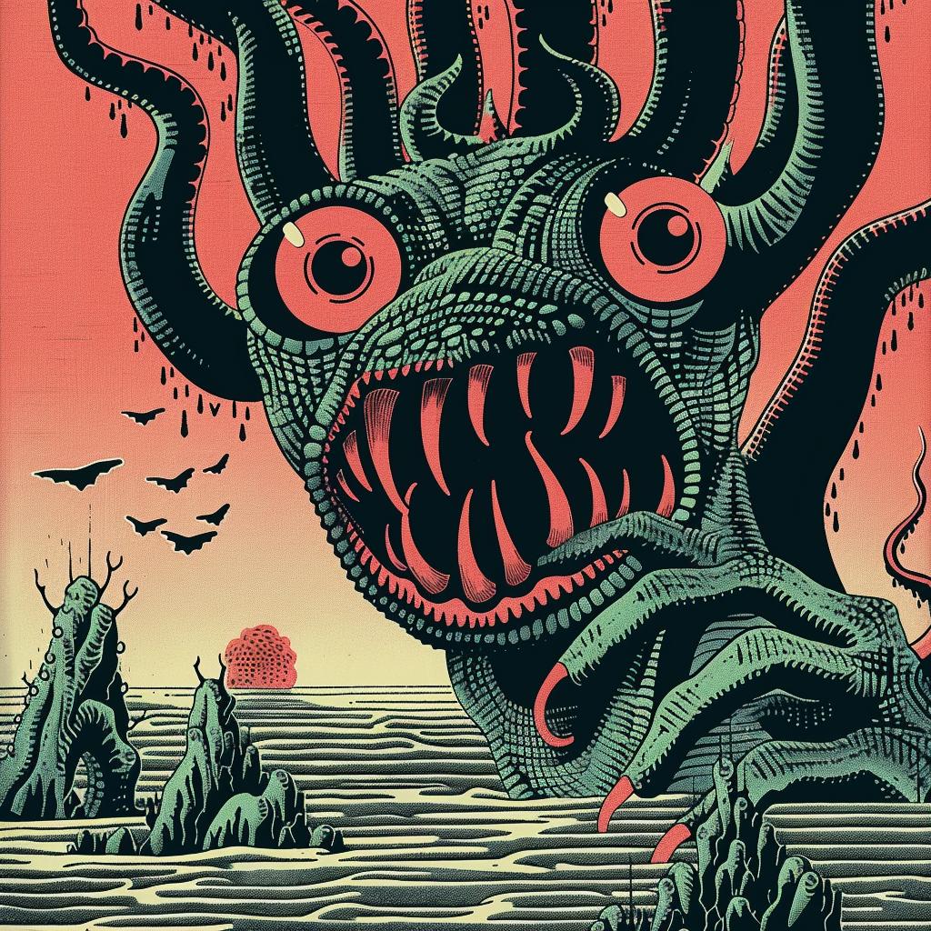 فرقة أساطير كاثولو، ملصق، مخلوق، كتابة يابانية، طباعة حجرية ملونة، فن مظلم 946192