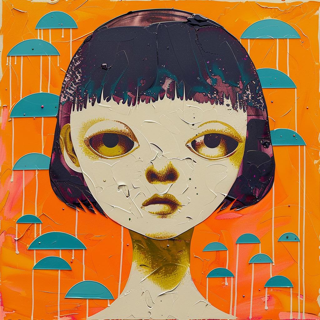 صورة شخصية مرسومة بالشمع لفتاة ذات عيون واسعة وشعر أسود وتعبير ملون 950604