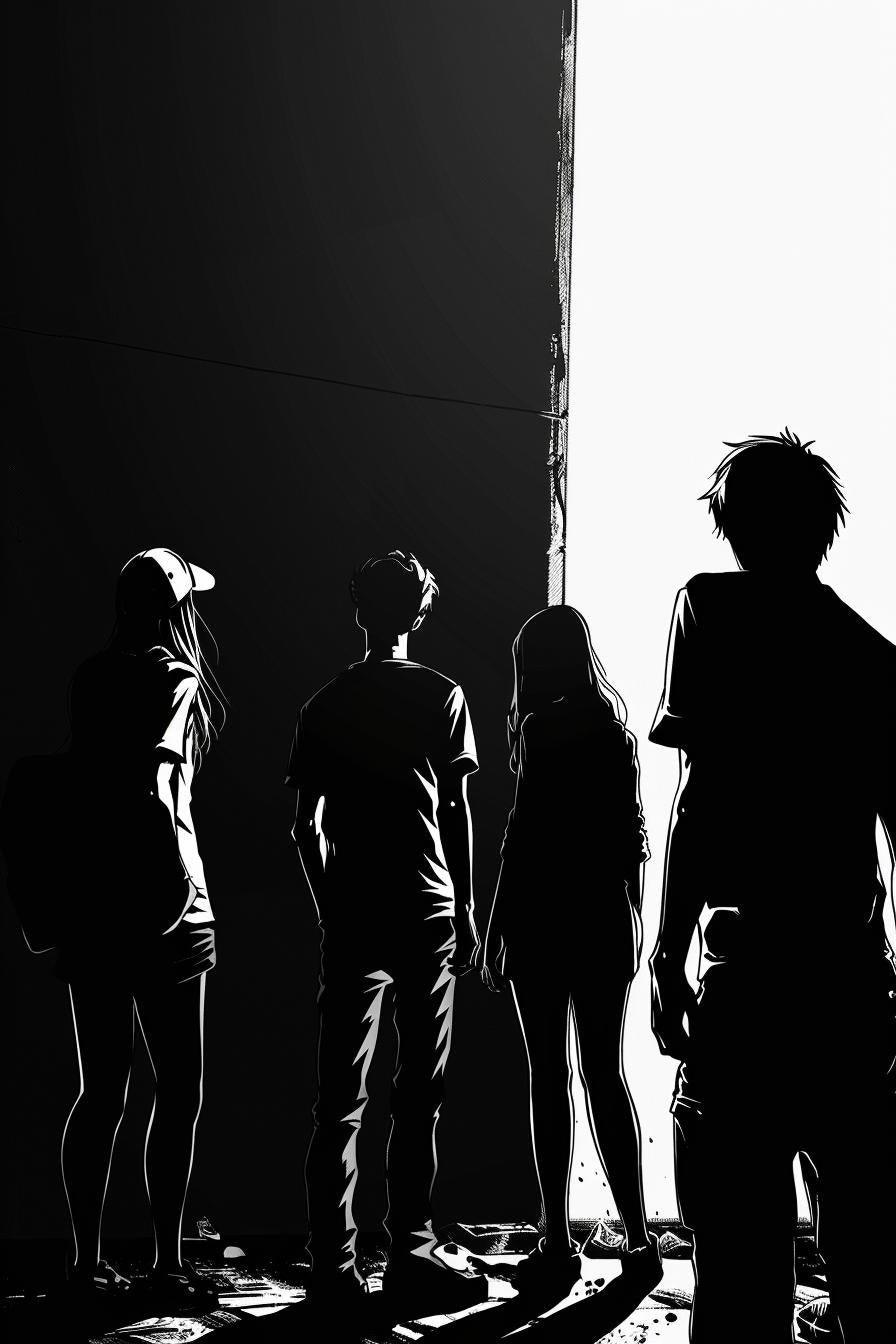 people  group  presentation  shadows  door  monochrome  manga  lineart  standing  artwork 953883