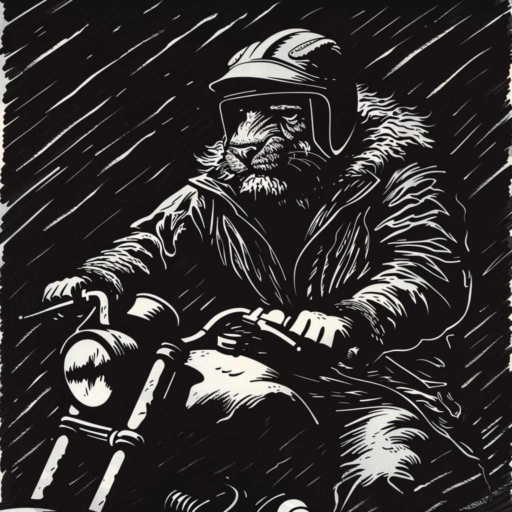 tiger  motorcycle  helmet  black  white  drawing  adventure  whimsical  bold  design 1026009