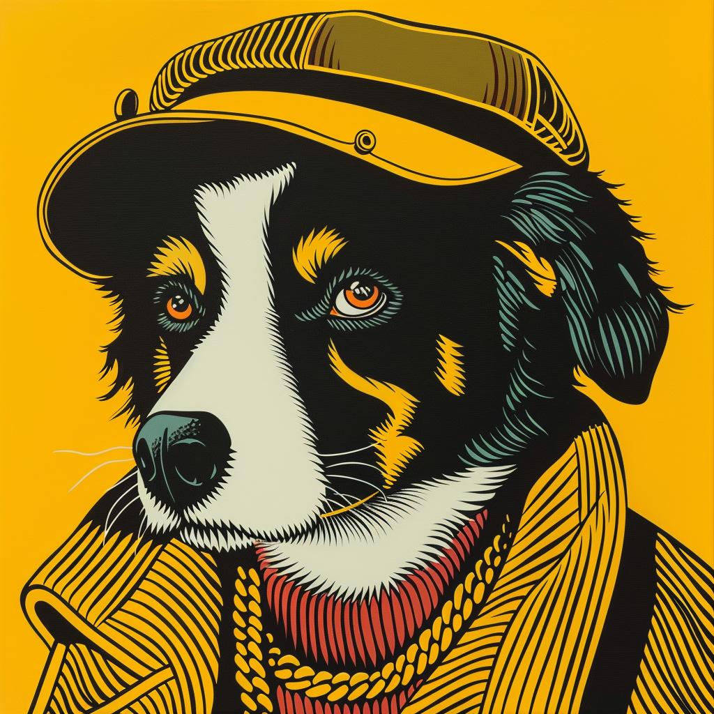 border  collie  rapper  gold  chains  cap  vibrant  stylized  modern  pet 1022035