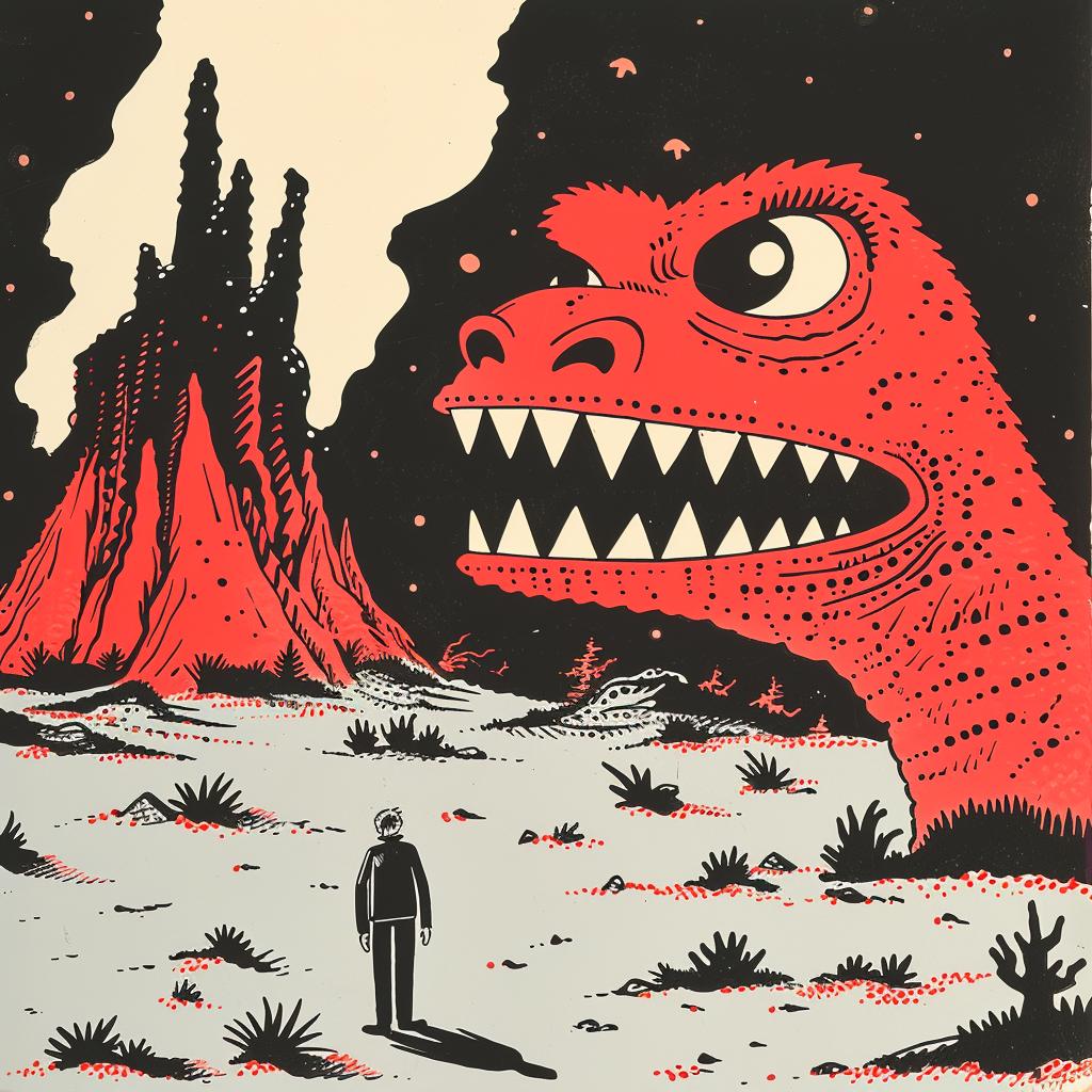 sci-fi  dark  illustration  terrifying  vintage  composition  dinosaur  volcano  humanoid  Ghibli 922153