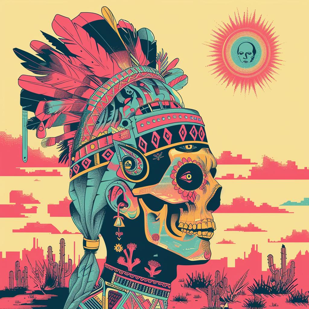 surreal  chief  native  indian  headdress  skull  symbolist  art  risograph  poster 1035981