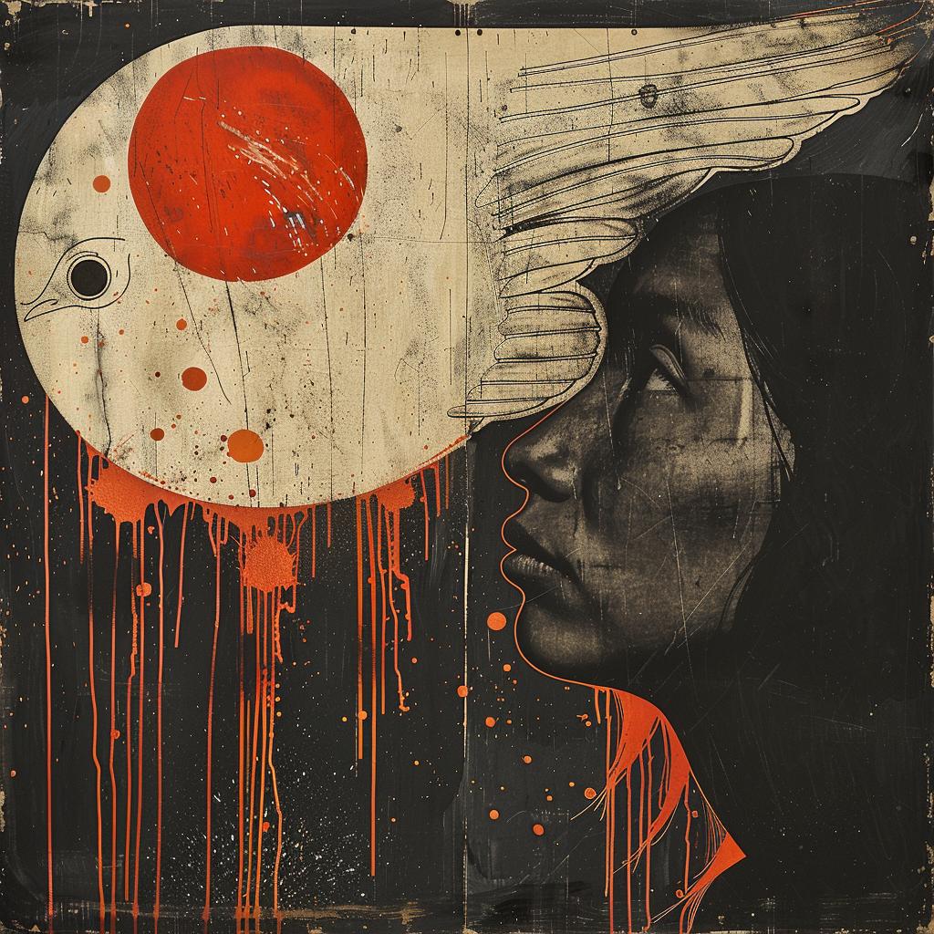 surreal  album  cover  encaustic  hyper-realistic  Ashevak  woman  red  sun  bird 959922