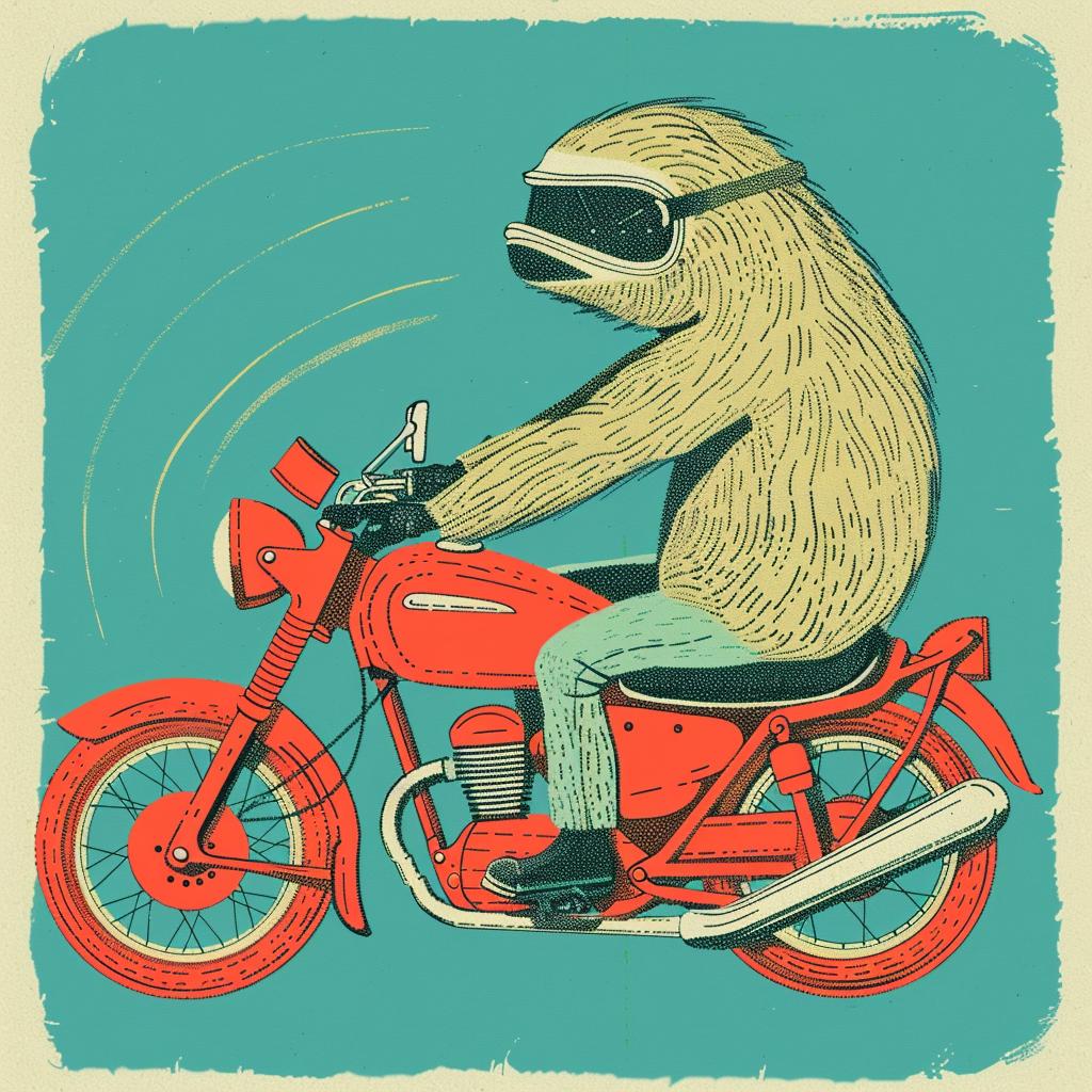 anthropomorphic  sloth  motorcycle  casual  funny  cartoon  relaxed  playful  whimsical  character 941080
