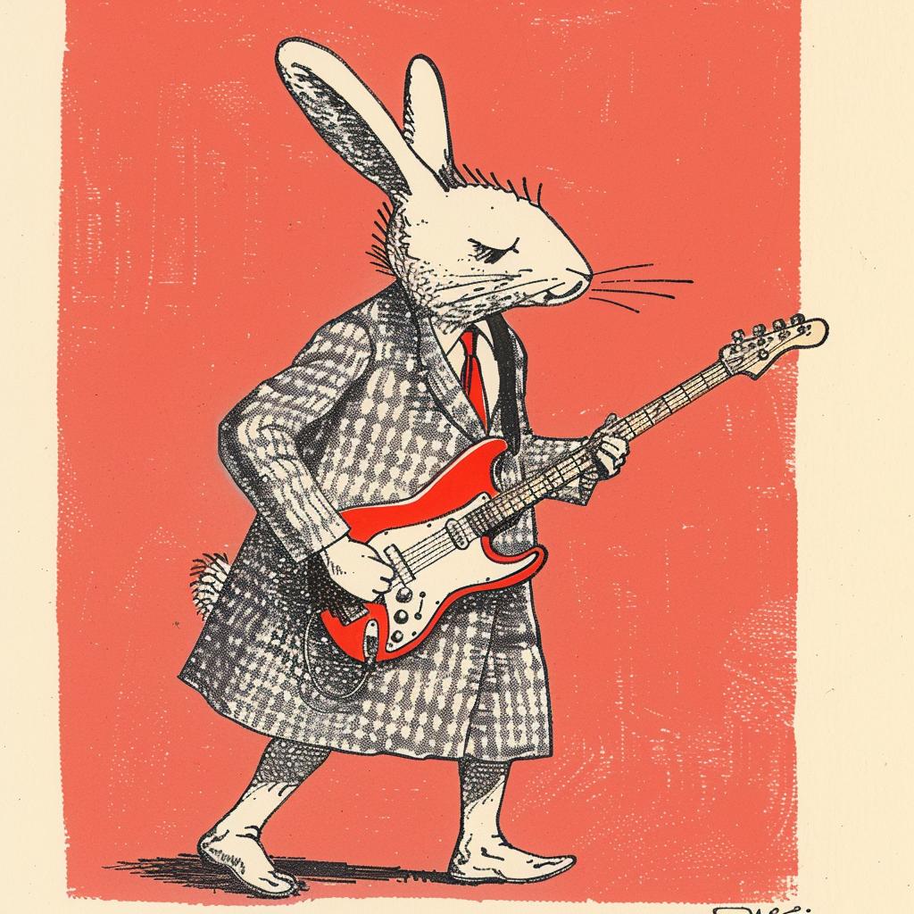 rabbit  guitar  cartoon  anthropomorphic  Moebius  Bachalo  music  suit  playful  electric 922777