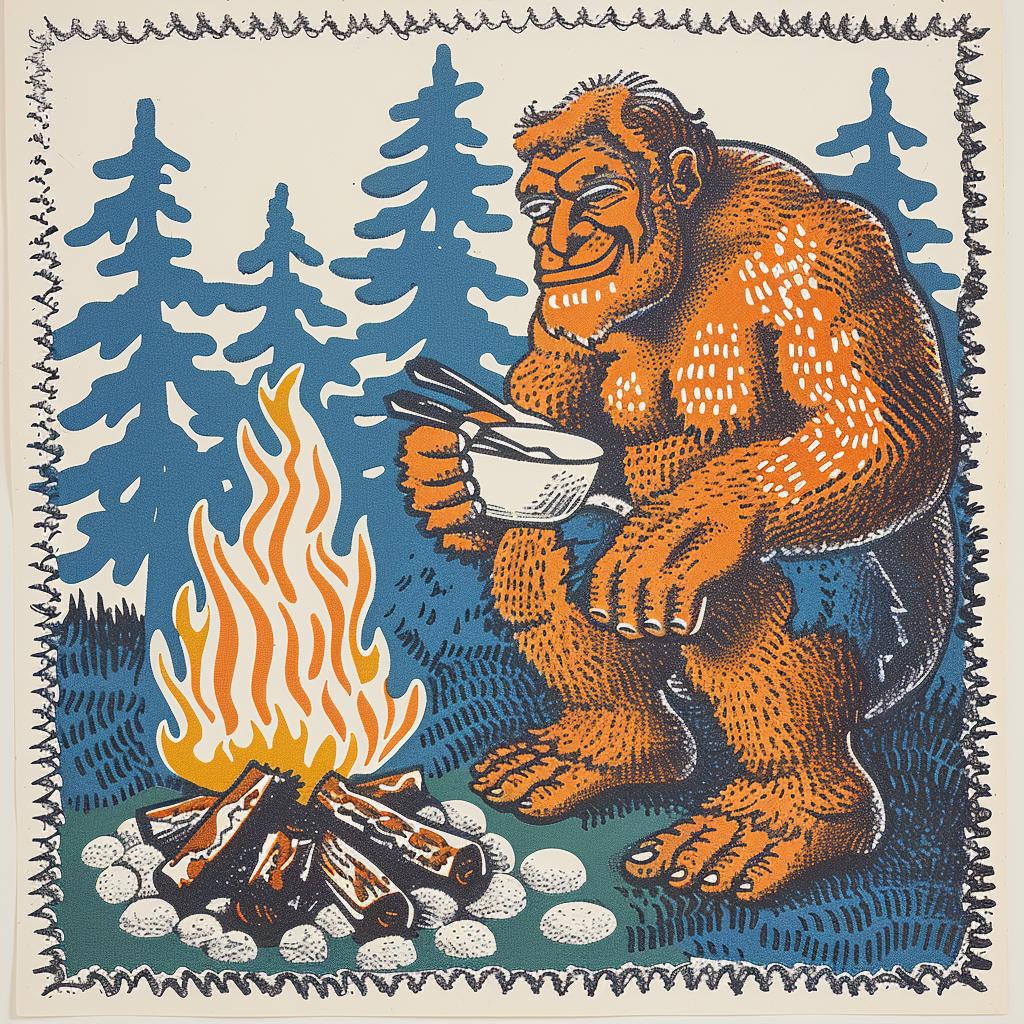 Sasquatch  campfire  poster  art  bigfoot  outdoors  illustration  nature  cooking  whimsical 962677