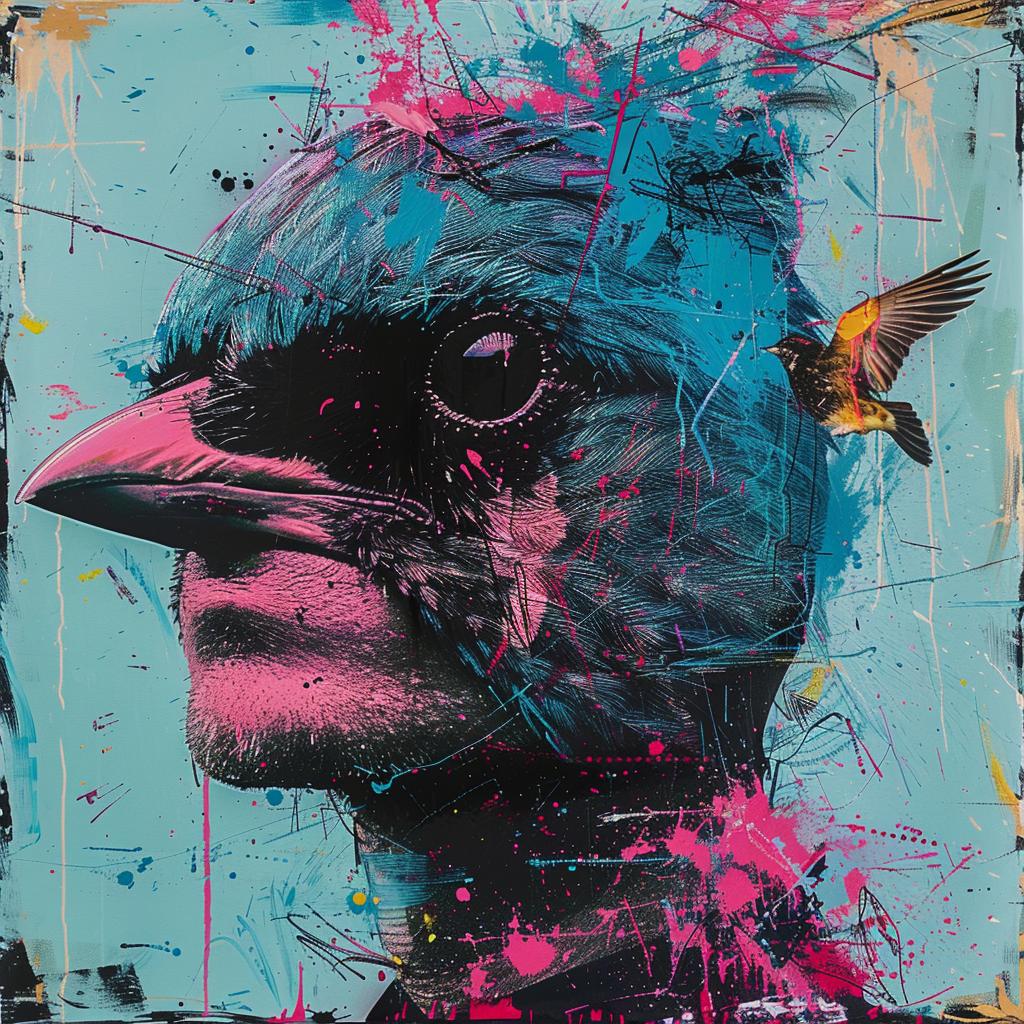 surreal  album  cover  hyper-realistic  screenprinting  Martin  Whatson  encaustic  bird  splatters 960029