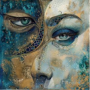 Art Nouveau  Surrealism  pointillism  gold  blue  eyes  woman  mystical  portrait  expressive 1077235