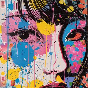 creative  album  cover  woman  colorful  splatters  surreal  Risograph  symbolist  expressive 1077917