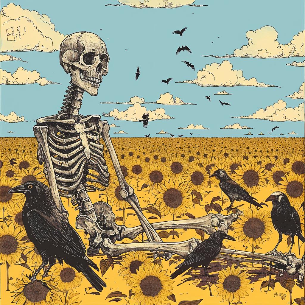 skeleton  sunflowers  crows  surreal  hyper-realistic  screenprinting  Toshio  Saeki  album  cover 960896