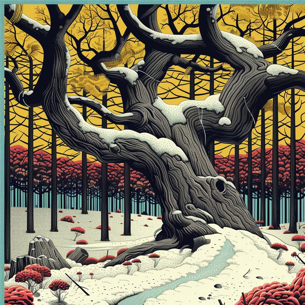 winter  forest  animated  vibrant  folk  illustration  sinuous  colorful  trees  scenery 945138