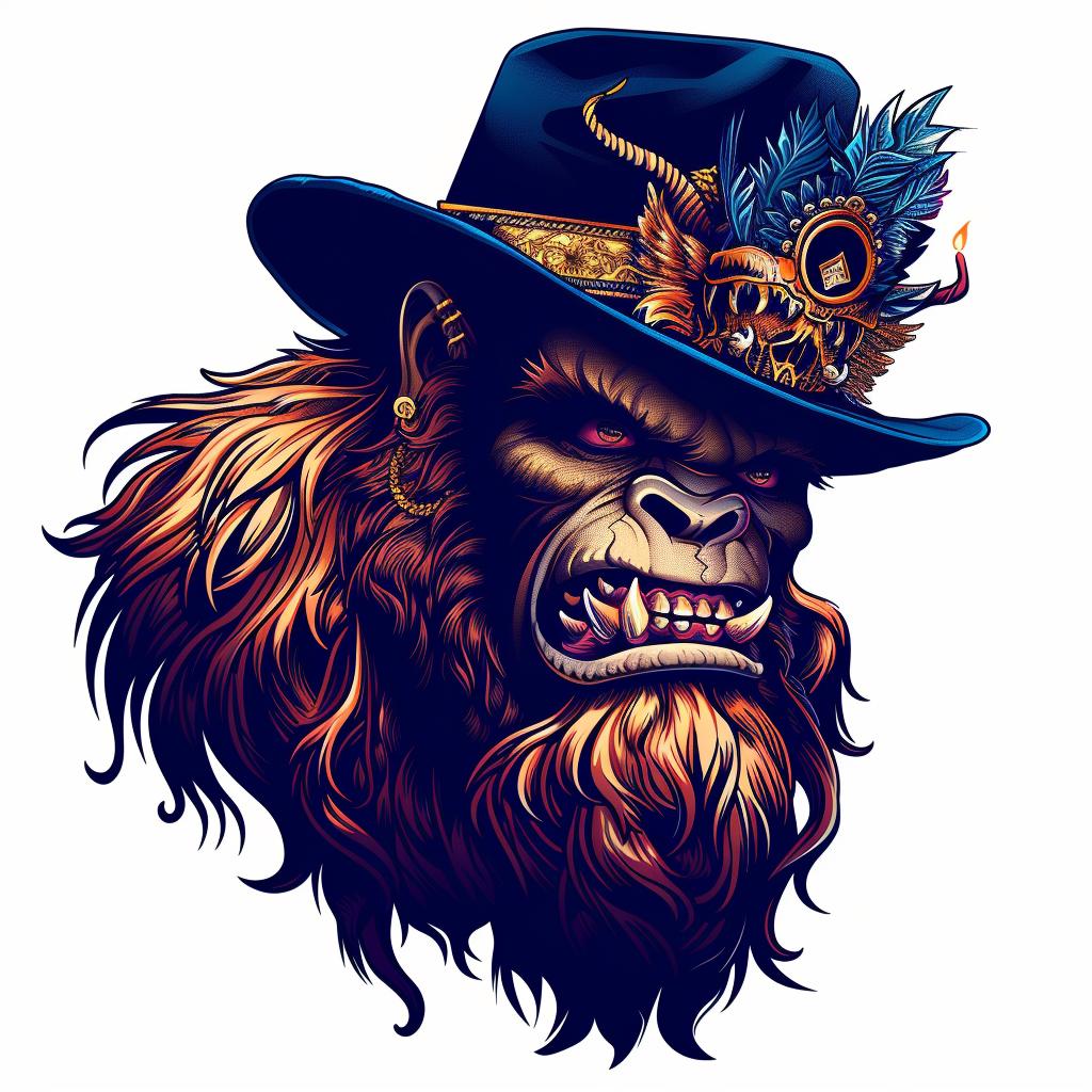 Bigfoot  hat  gorilla  steampunk  feathers  character  white  humorous  illustration  quirky 943809