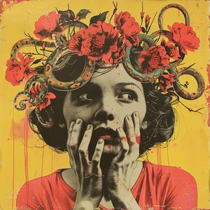 غلاف ألبوم سريالي، صورة امرأة، أزهار، ثعبان، رمزي، واقعي للغاية، ريسوغراف 1079215