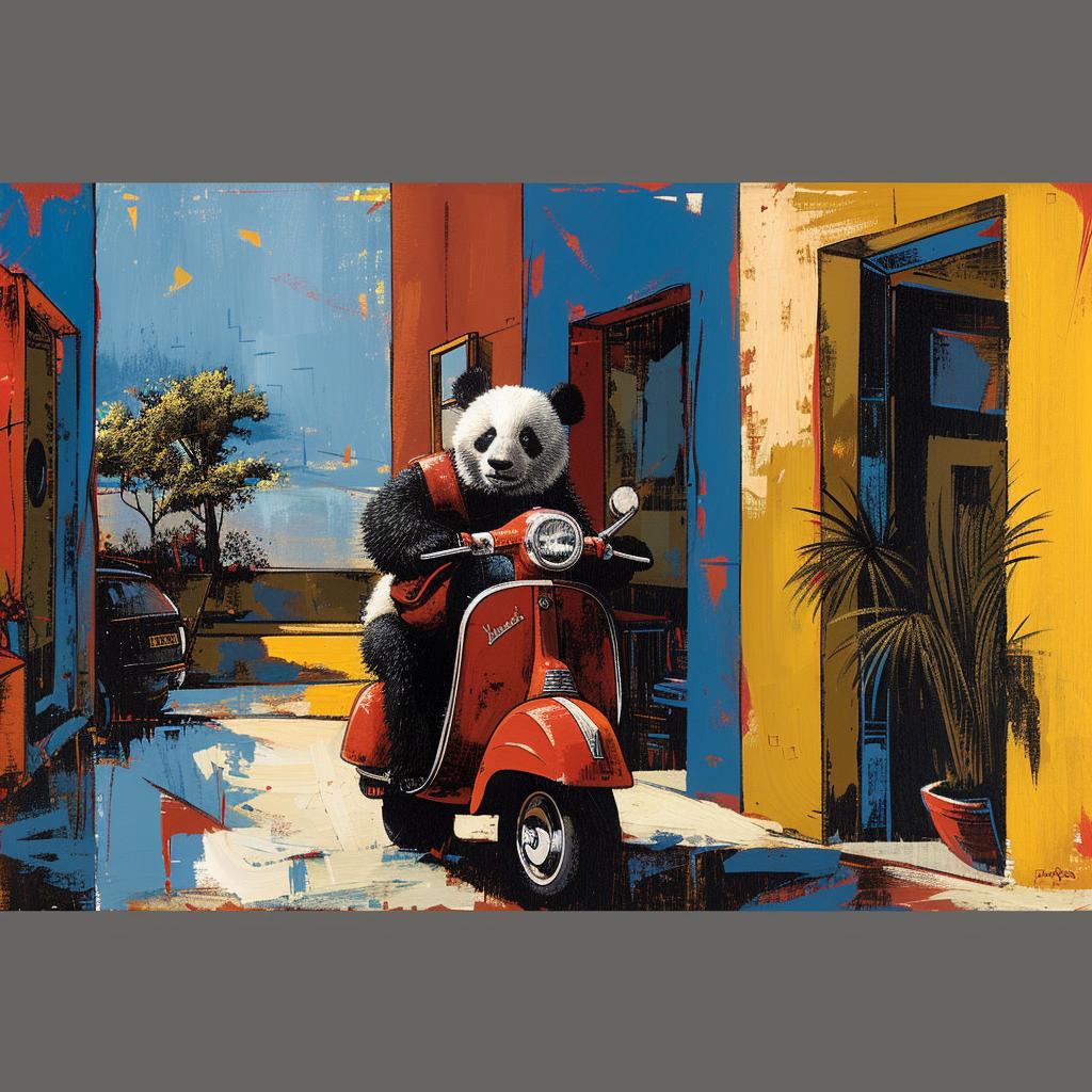panda  moped  painting  funny  surreal  style  ride  animal  transportation  whimsy 1027253
