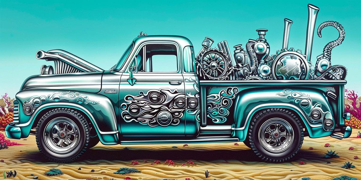 تصميم شيفروليه C10، خلفية بيضاء، رسم HG Giger، شاحنة قديمة، 1033562