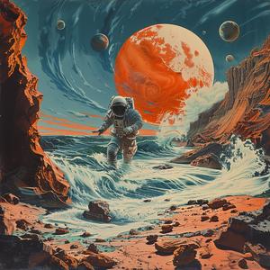 chromolithography  astronaut  beach  moon  red  background  artistic  space  surreal  vibrant 1049785