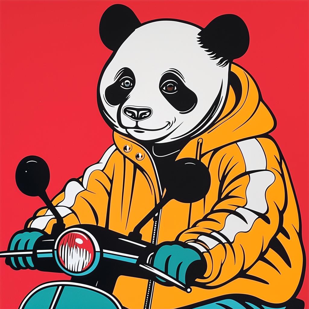 panda  motorcycle  red  background  streetwear  playful  fun  illustration  cartoon  animal 1025236