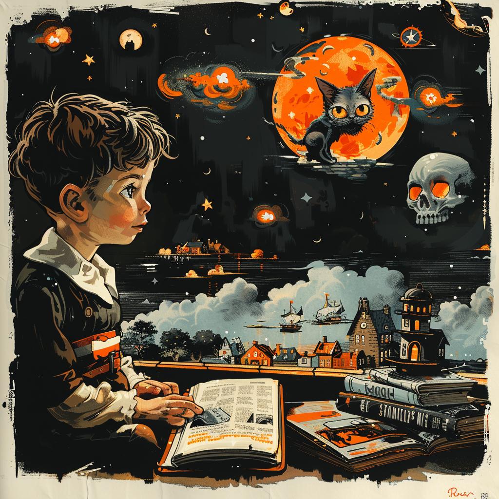 illustration  boy  reading  book  moon  stars  night  whimsical  graphic  art 927357