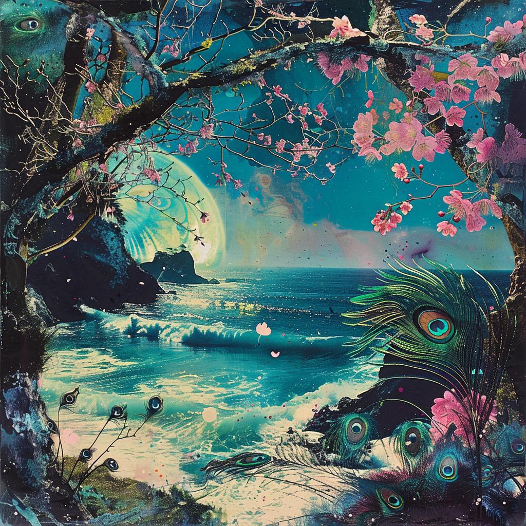 collage  beach  flowers  birds  peacock  bioluminescent  cherry  blossom  tropical  landscape 1017105