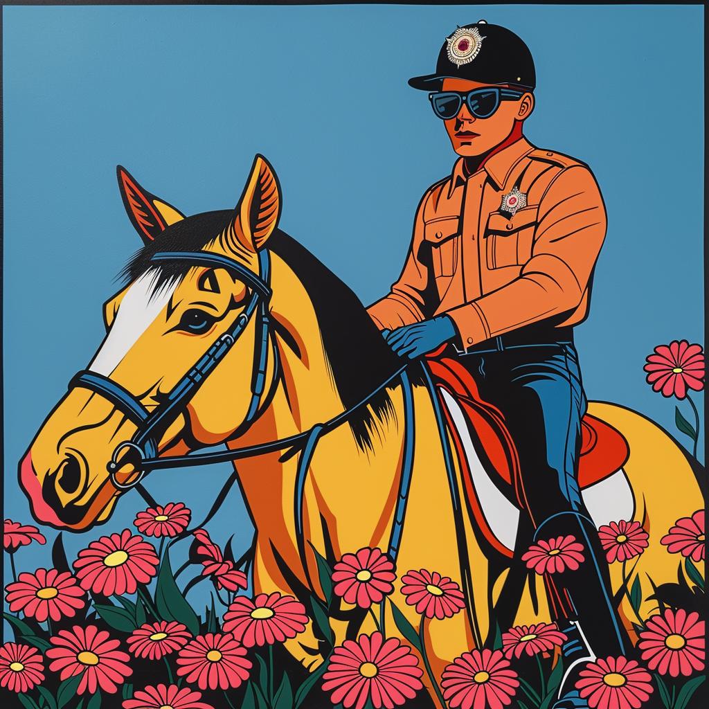 policeman  horse  flowers  painting  majestic  officer  nature  colorful  portrait  lively 1023206