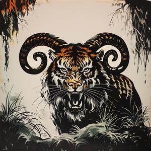 chromolithography  tiger  horns  animal  art  illustration  colorful  fantasy  portrait  wildlife 1049804