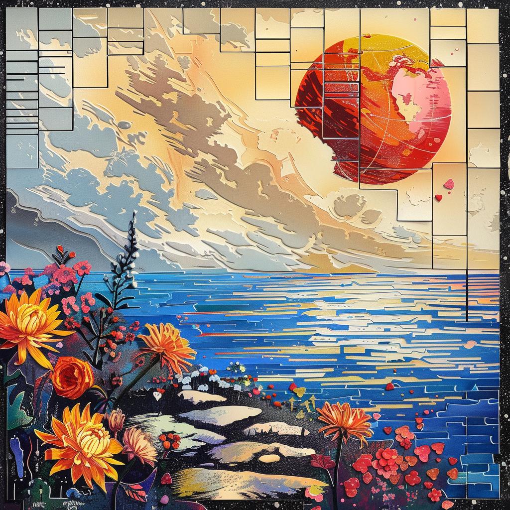 sunset  ocean  flowers  painting  vibrant  nature  landscape  colorful  serene  horizon 939787
