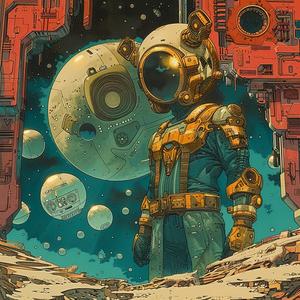 astronaut  moon  vintage  comic  Art  Nouveau  Surrealism  pointillism  gold  teal 1076313