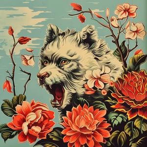 wolf  flowers  blue  background  chromolithography  nature  art  wildlife  illustration  vintage 1056703