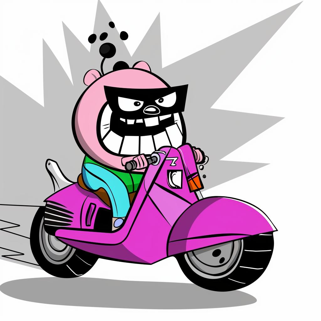 panda  moped  cartoon  motorcycle  character  whimsical  fun  colorful  illustration  humor 1024456