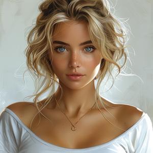 صورة امرأة شقراء واقعية، تصوير سينمائي، بشرة زرقاء، نمش، مجلة فوغ 1080093