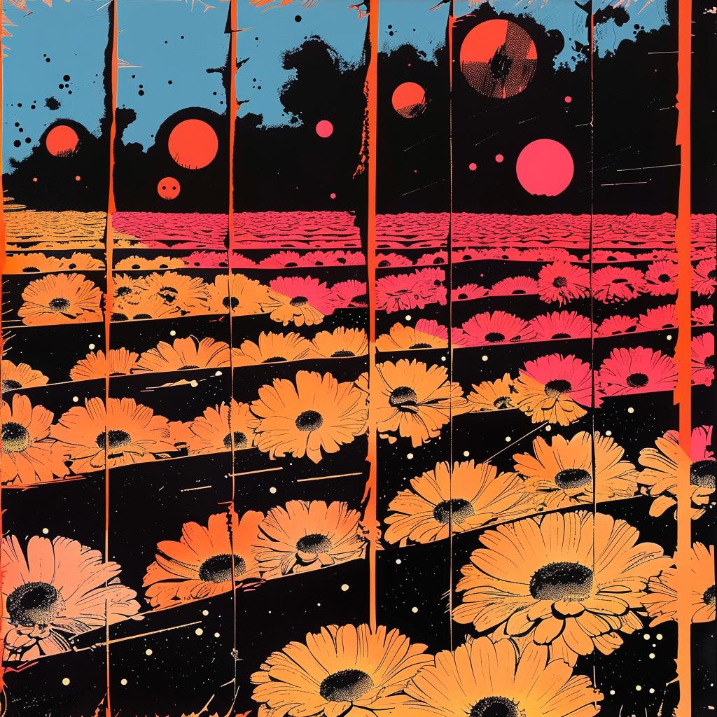 marigolds  flowers  painting  field  sun  dark  colorful  night  arctic  perspective 924105