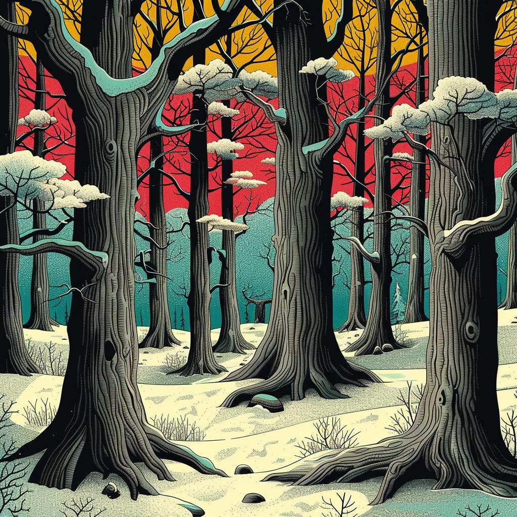 forest  winter  snow  animated  vibrant  folk  illustration  nature  trees  landscape 944940