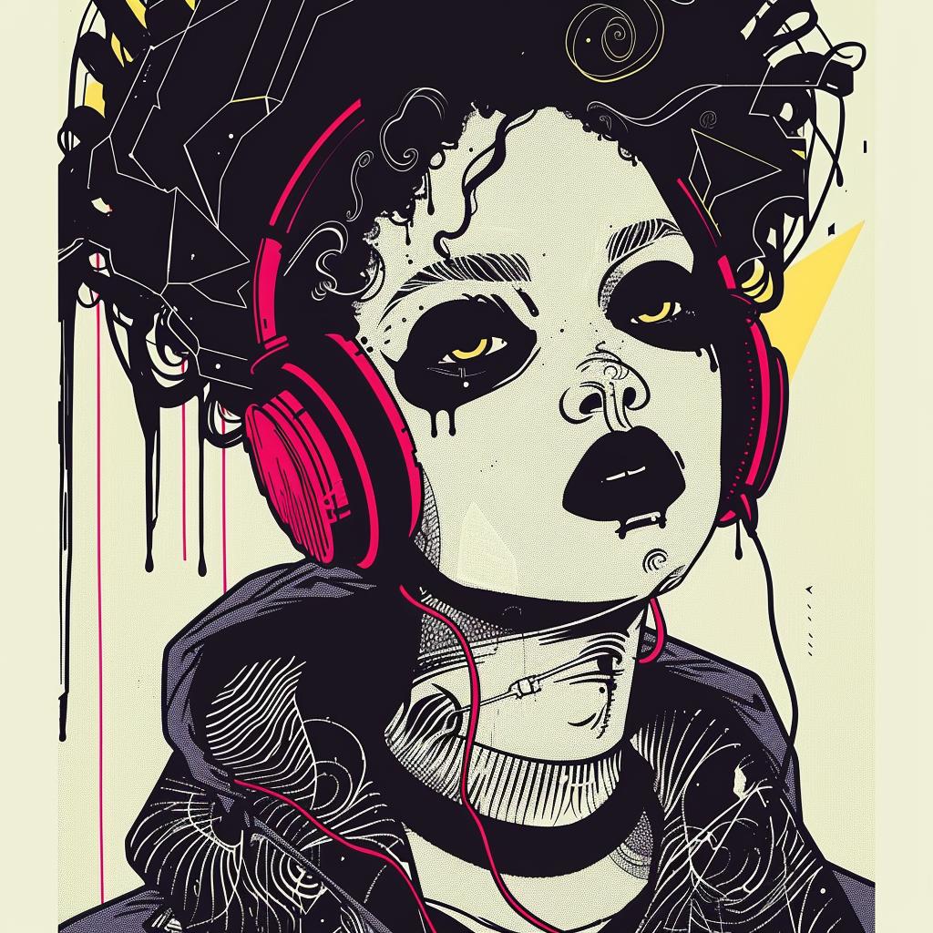 سماعات رأس DJ من PopArt، مكياج أفريقي أسود، رسم توضيحي أبيض من TroyBrooks، أنثى رقم 939182