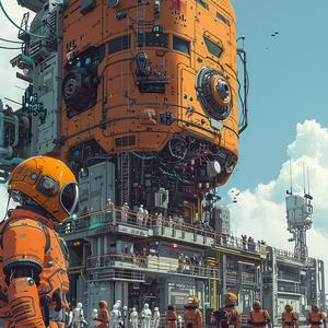 futuristic  space  station  infrastructure  people  standing  orange  design  science  fiction 1074709