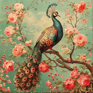 peacock  branch  pink-flowers  nature  chromolithography  vibrant  elegance  wildlife  flora  colorful 1040013