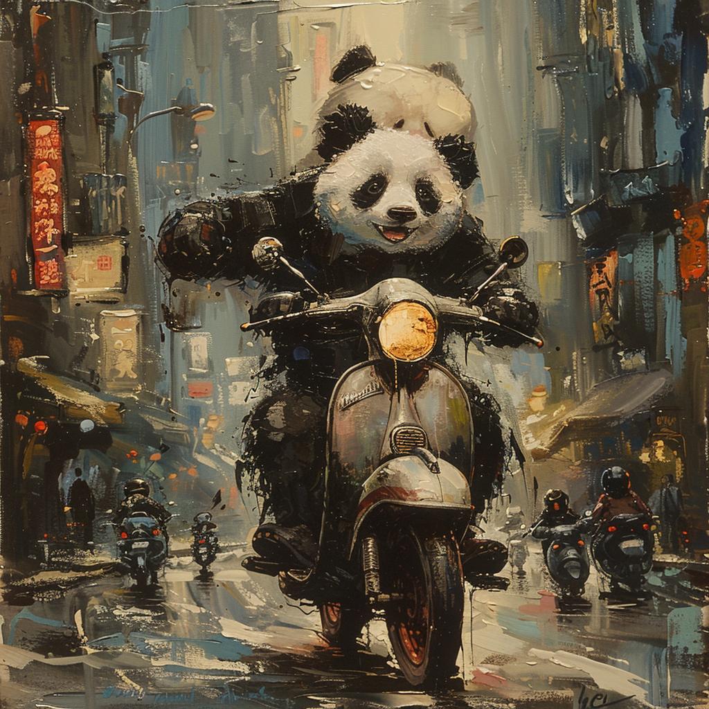 panda  moped  motorcycle  André  Franquin  painting  animal  humor  whimsical  adventure 1019643