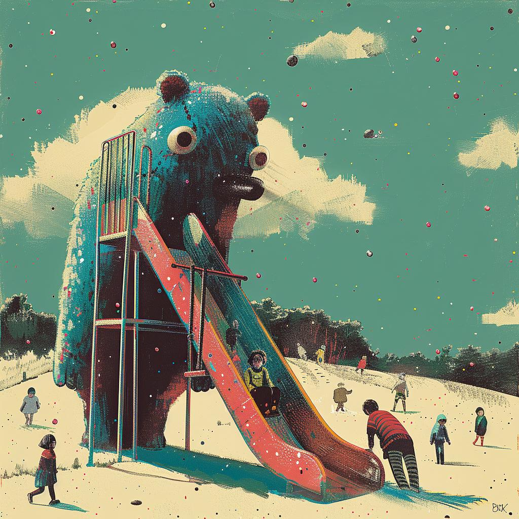 art  playground  creature  children  slide  mid-century  details  color  painting  whimsical 964648