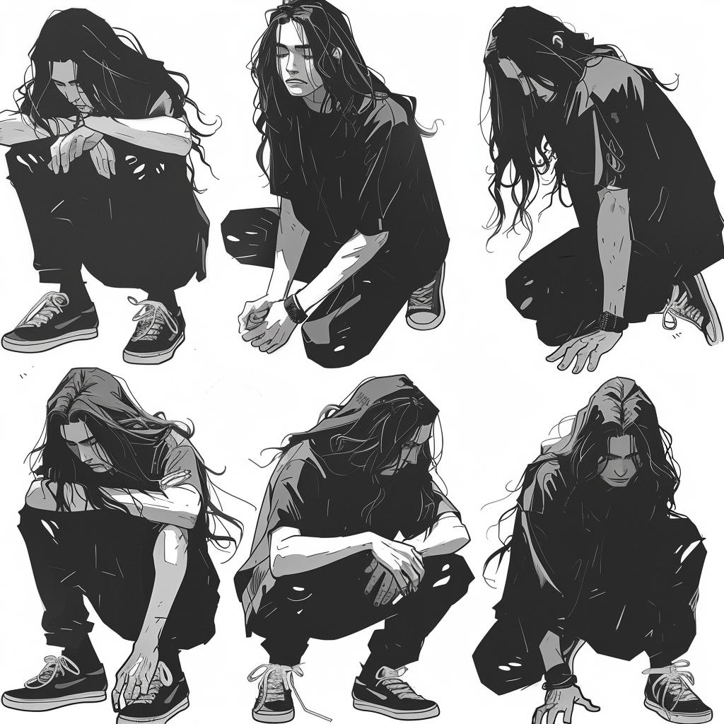رسم رجل طويل الشعر لشخصية غوريلاز بالأبيض والأسود، رسم فني، أزياء، إبداعي، رقم 960173