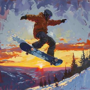 snowboarder  kickflip  sunset  action  winter  dynamic  sports  painting  freestyle  energy 1079887