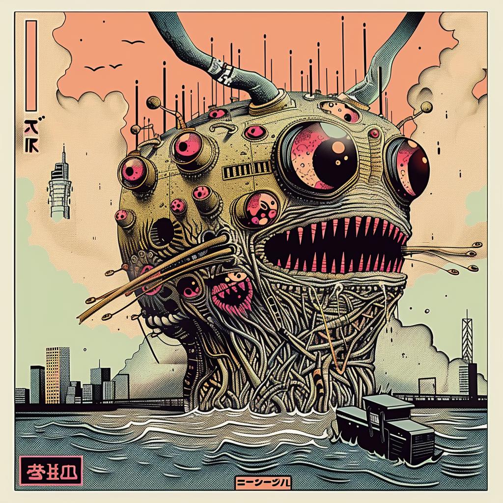 poster  monster  Japanese  water  giant  dark  visual  art  collage  design 947244