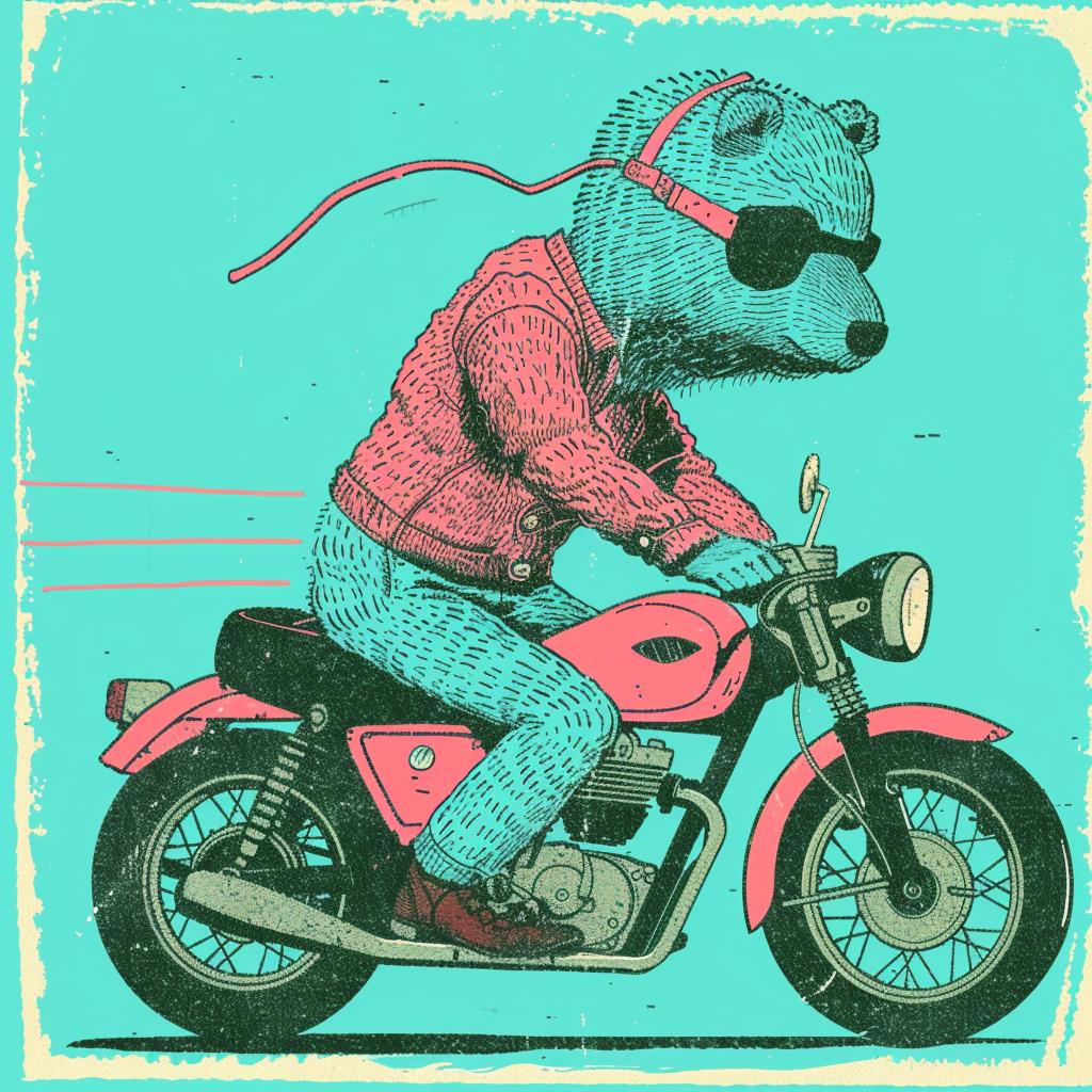 anthropomorphic  bear  motorcycle  sunglasses  whimsical  cartoon  stylized  vibrant  playful  funny 941077