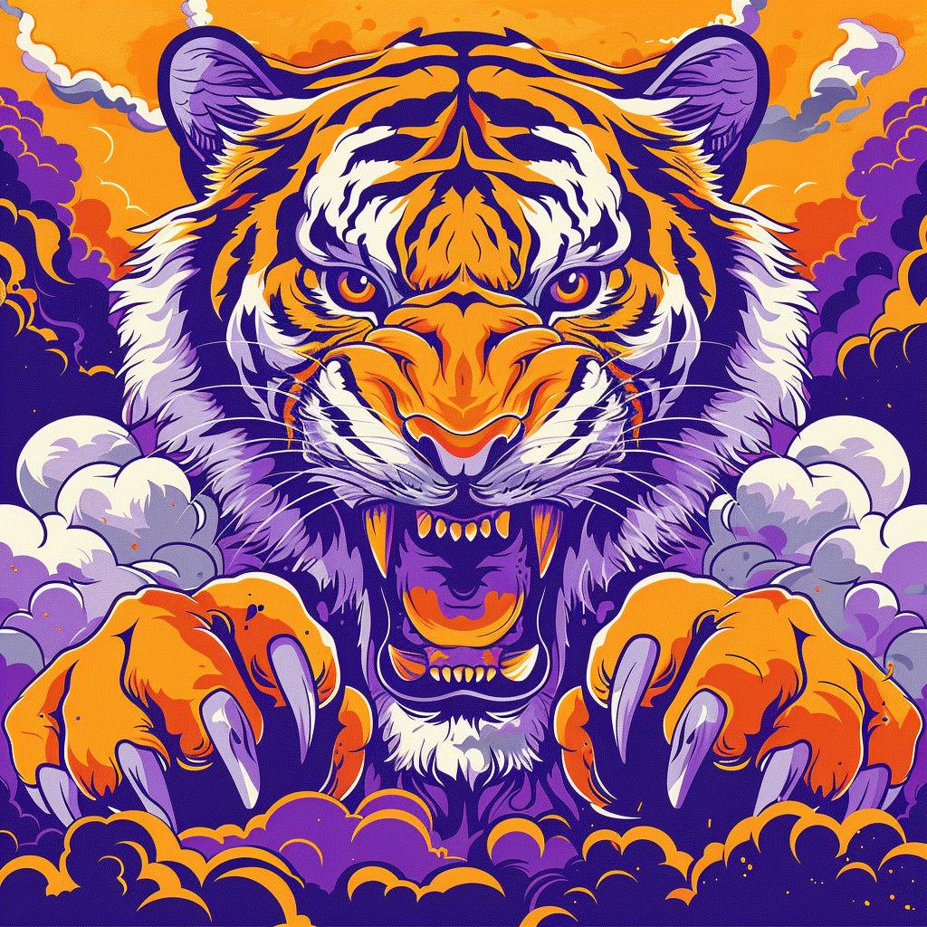 tiger  vector  illustration  vibrant  colorful  clouds  portrait  symmetrical  bold  design 928806