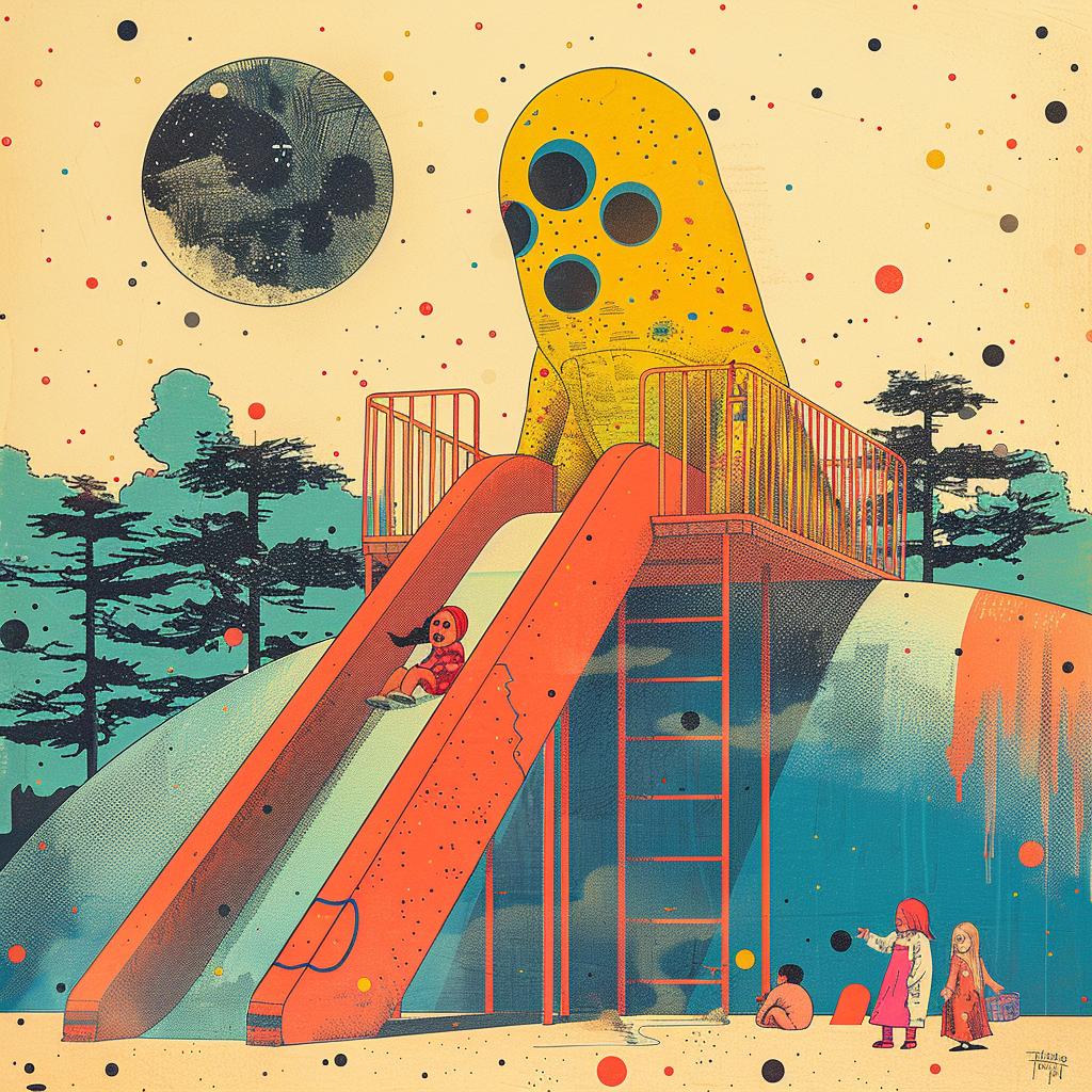 playground  slide  monster  art  furry  detailed  Mid-Century  colorful  children  watching 964220