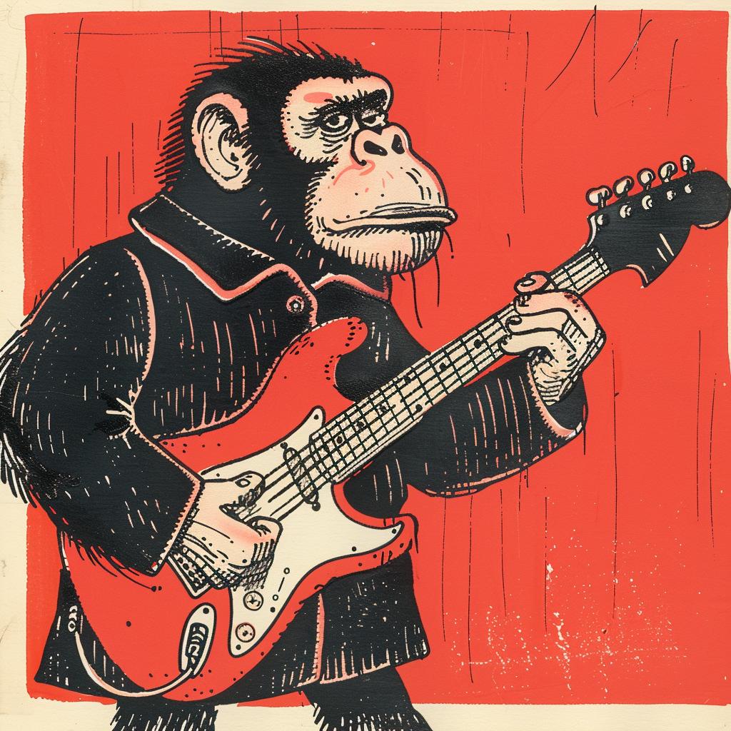 poster  chimp  fender  guitar  music  Moebius  playful  funny  animal  artwork 922495