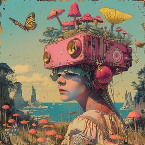 woman  pinkhat  mushrooms  head  chromolithography  art  whimsical  nature  creative  colorful 1054725